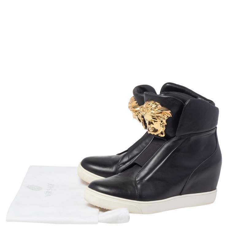 Pre Owned Versace Black Leather Palazzo Medusa Wedge High Top Sneakers Size 39