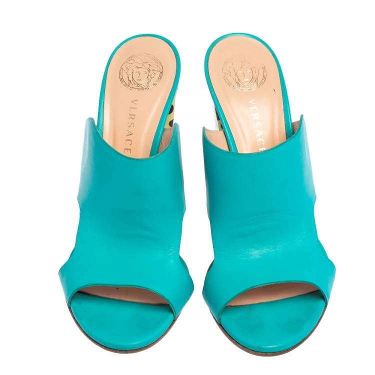 Pre Owned Versace Turquoise Leather Open Toe Mule Sandals Size 38