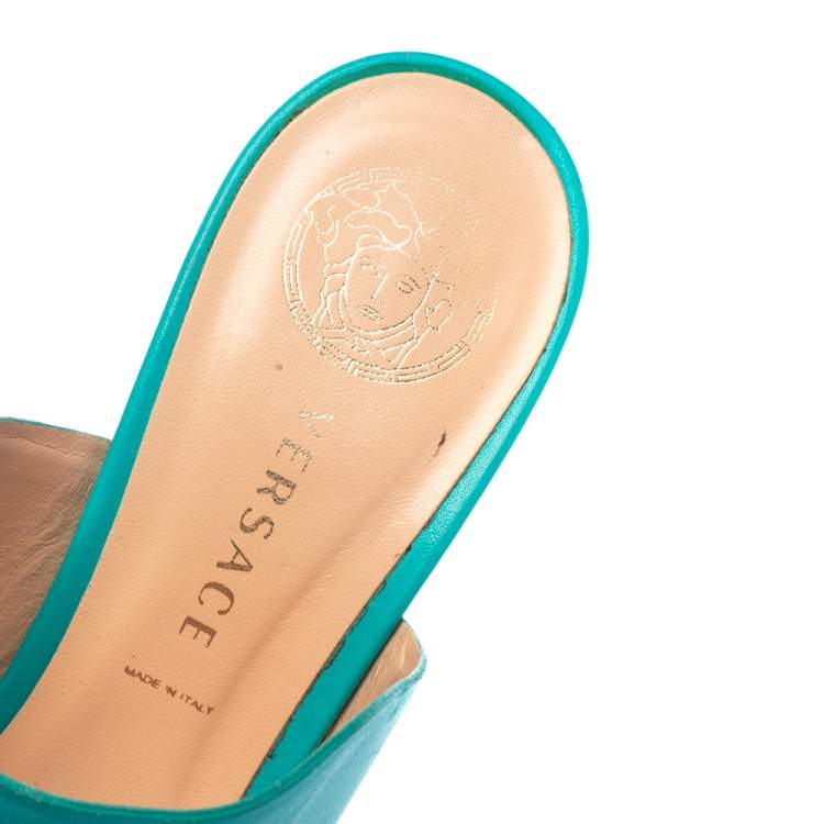 Pre Owned Versace Turquoise Leather Open Toe Mule Sandals Size 38