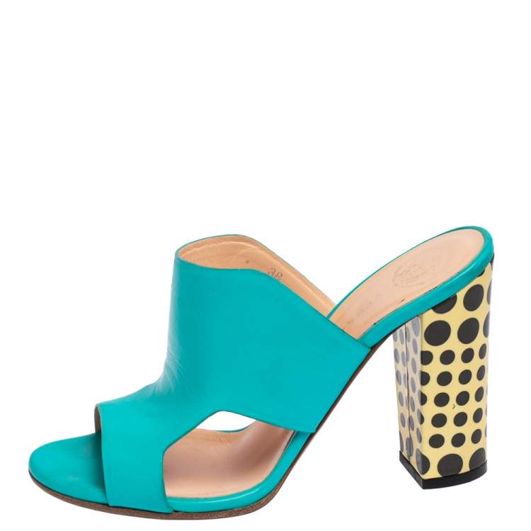 Pre Owned Versace Turquoise Leather Open Toe Mule Sandals Size 38