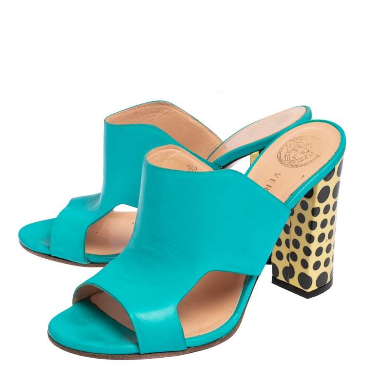 Pre Owned Versace Turquoise Leather Open Toe Mule Sandals Size 38