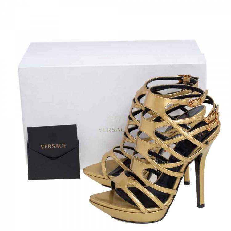 Pre Owned Versace Metallic Gold Patent Leather Gladiator Sandals Size 38 