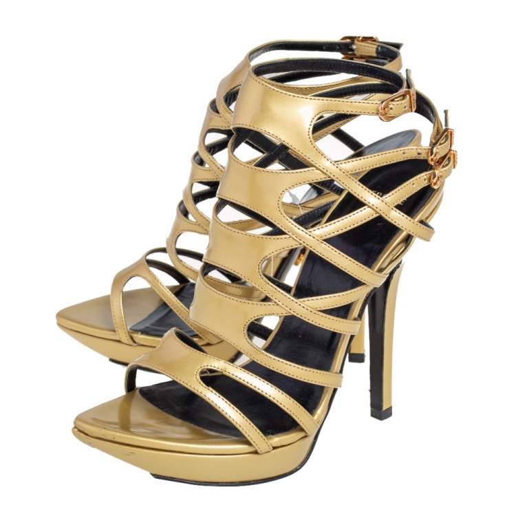 Pre Owned Versace Metallic Gold Patent Leather Gladiator Sandals Size 38 