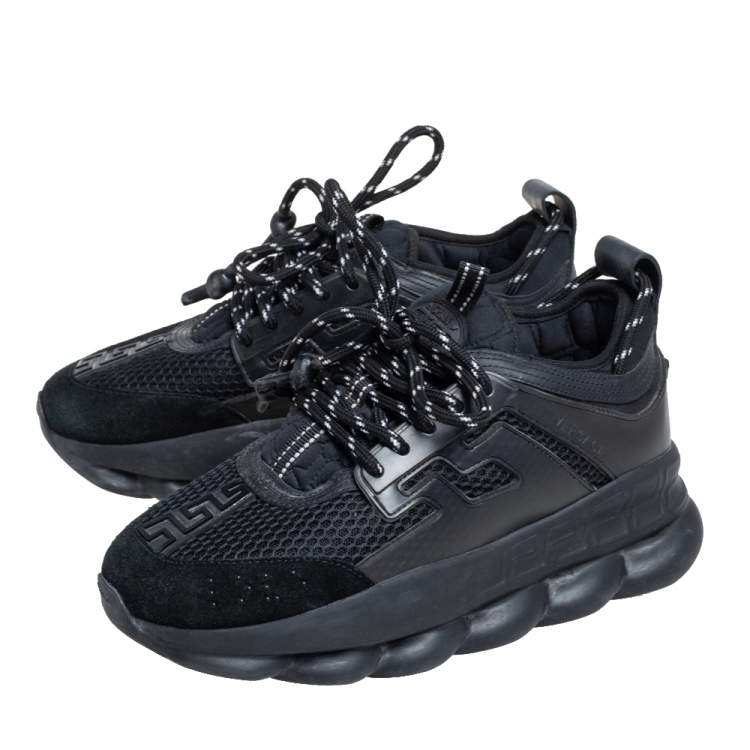 Pre Owned Versace Black Leather and Mesh Chain Reaction Sneakers Size 38