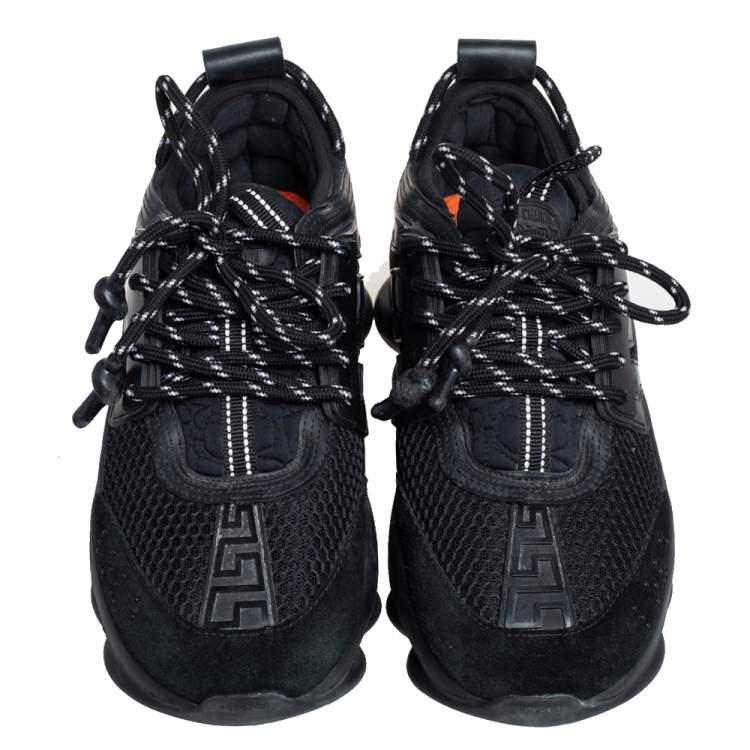 Pre Owned Versace Black Leather and Mesh Chain Reaction Sneakers Size 38