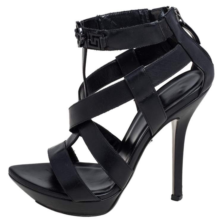 Pre Owned Versace Black Leather T Strappy  Platform Sandals Size 37.5