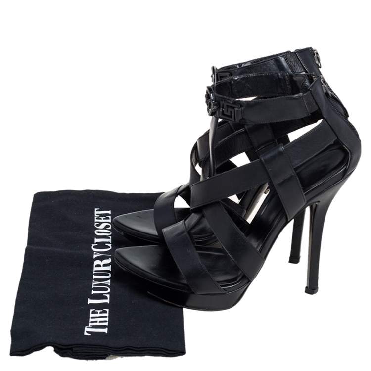 Pre Owned Versace Black Leather T Strappy  Platform Sandals Size 37.5