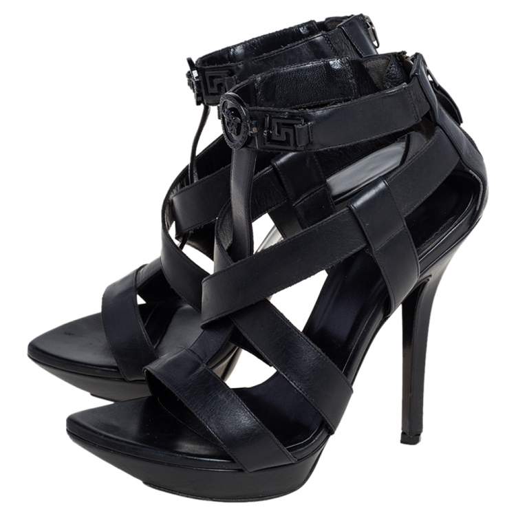 Pre Owned Versace Black Leather T Strappy  Platform Sandals Size 37.5