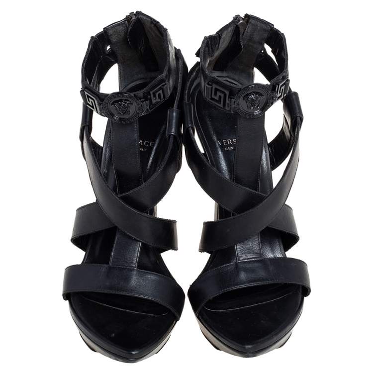 Pre Owned Versace Black Leather T Strappy  Platform Sandals Size 37.5