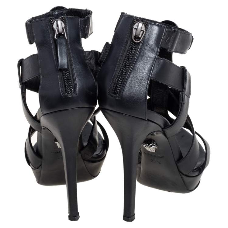 Pre Owned Versace Black Leather T Strappy  Platform Sandals Size 37.5