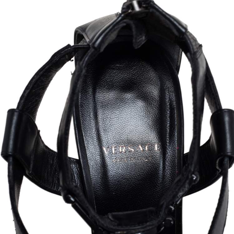 Pre Owned Versace Black Leather T Strappy  Platform Sandals Size 37.5
