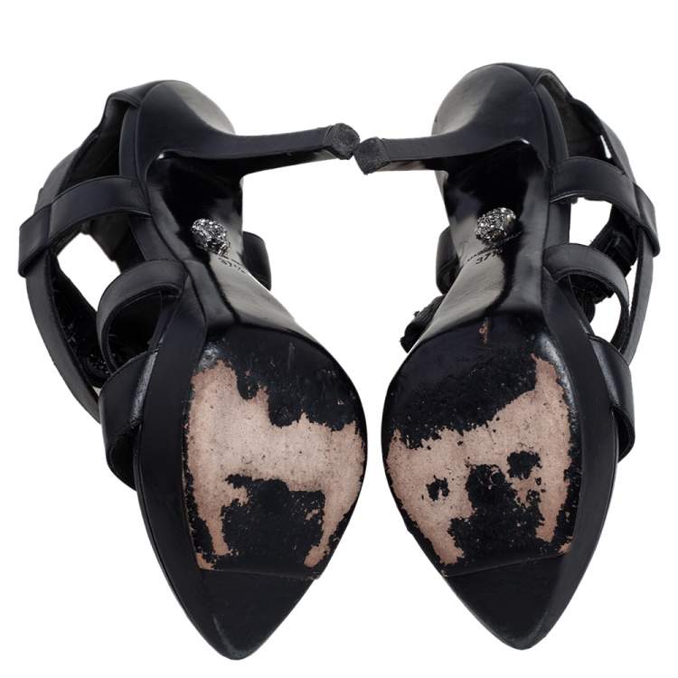 Pre Owned Versace Black Leather T Strappy  Platform Sandals Size 37.5