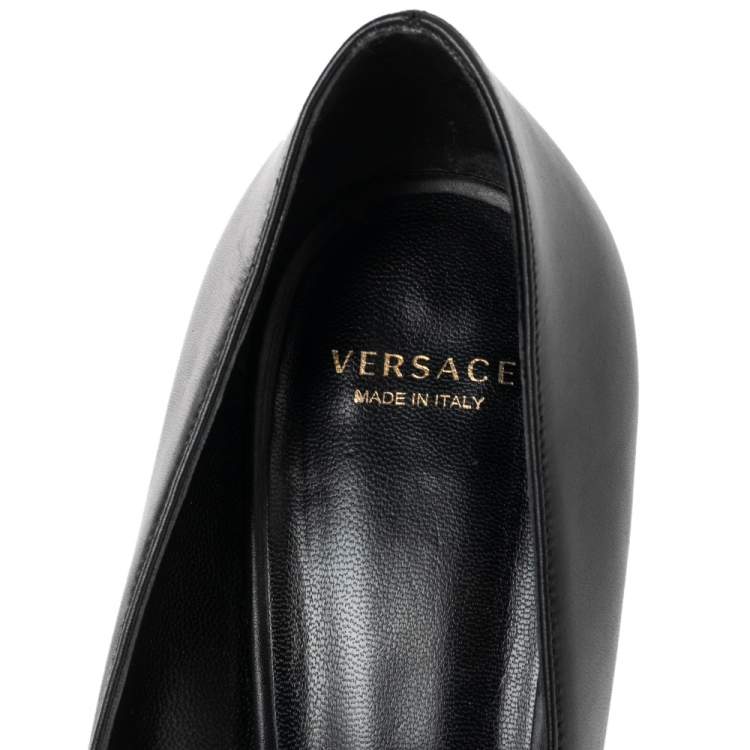 Pre Owned Versace Black Leather Medusa Pointed Toe Pumps Size 37.5