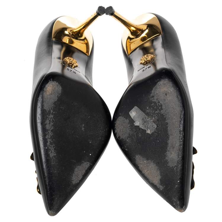 Pre Owned Versace Black Leather Medusa Pointed Toe Pumps Size 37.5
