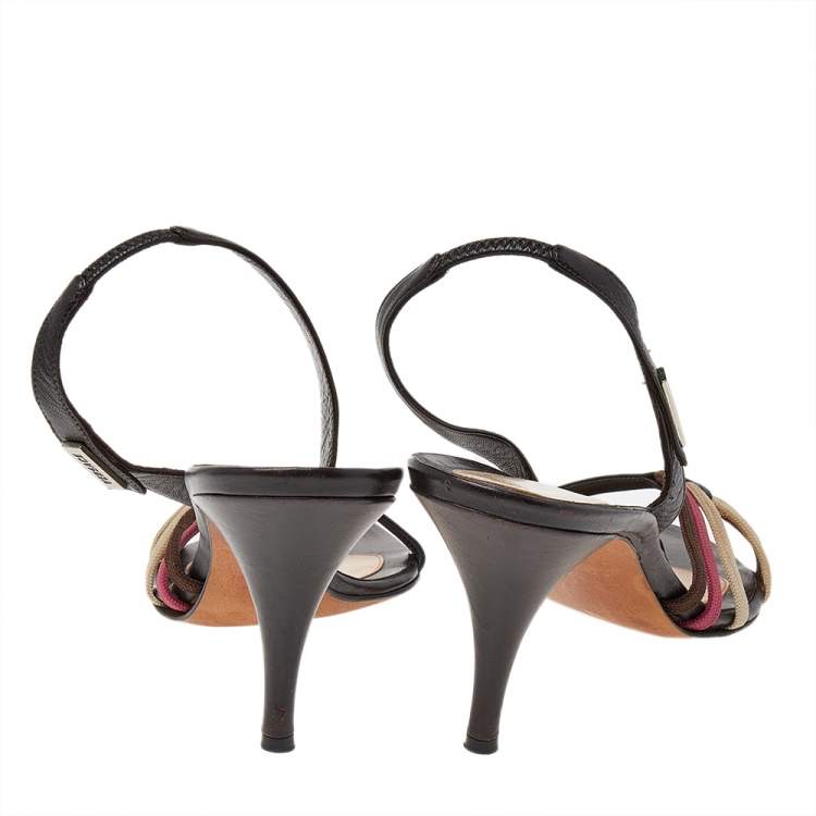 Pre Owned Versace Brown Leather And Fabric Slingback Sandals Size 39