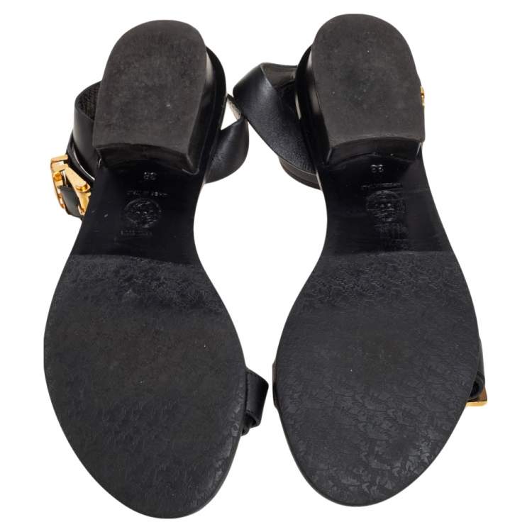 Pre Owned Versace Black Leather Buckle  Ankle Strap  Sandals Size 38