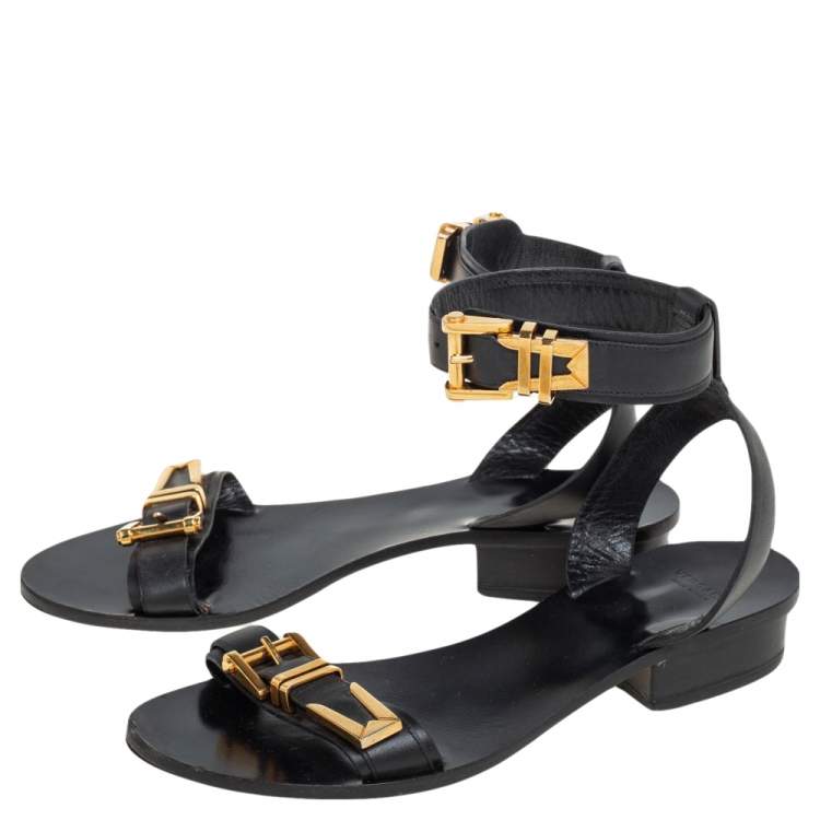 Pre Owned Versace Black Leather Buckle  Ankle Strap  Sandals Size 38