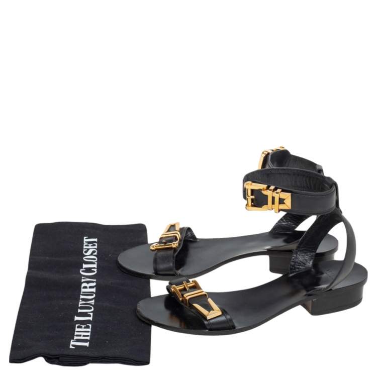 Pre Owned Versace Black Leather Buckle  Ankle Strap  Sandals Size 38