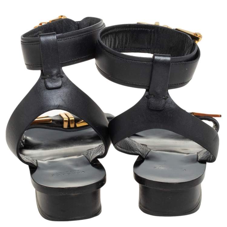 Pre Owned Versace Black Leather Buckle  Ankle Strap  Sandals Size 38