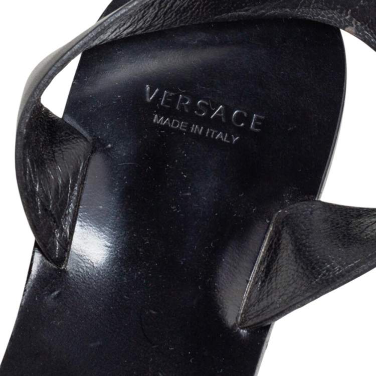 Pre Owned Versace Black Leather Buckle  Ankle Strap  Sandals Size 38