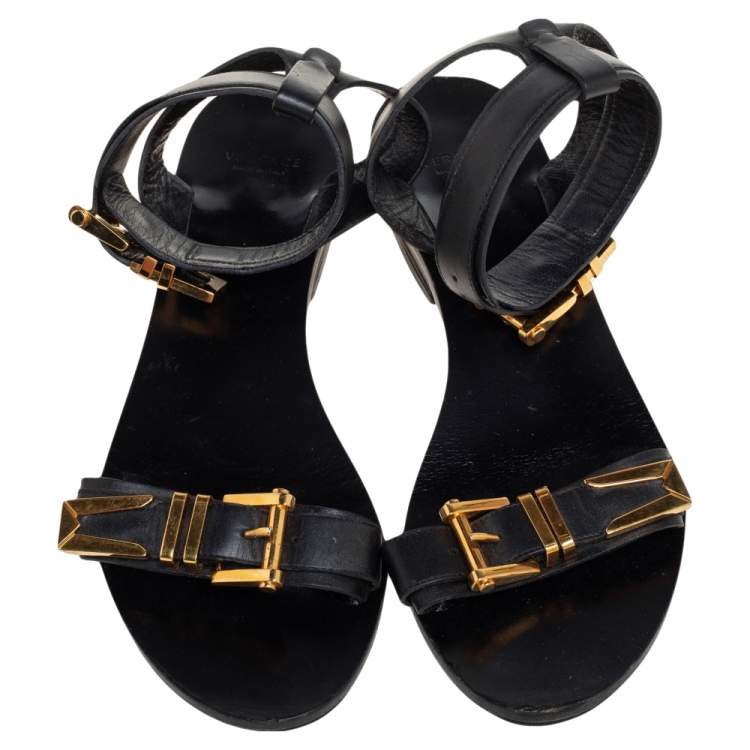 Pre Owned Versace Black Leather Buckle  Ankle Strap  Sandals Size 38