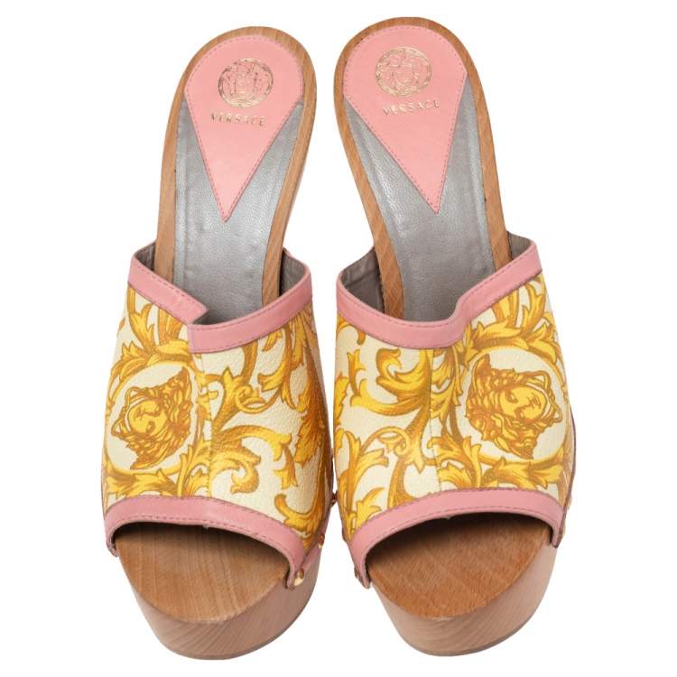 Pre Owned Versace Multicolor Barocco Printed Leather Clog Platform Sandals Size 40