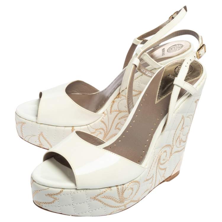 Pre Owned Versace White Patent Leather Quilted Wedge Platform Sandals Size 40