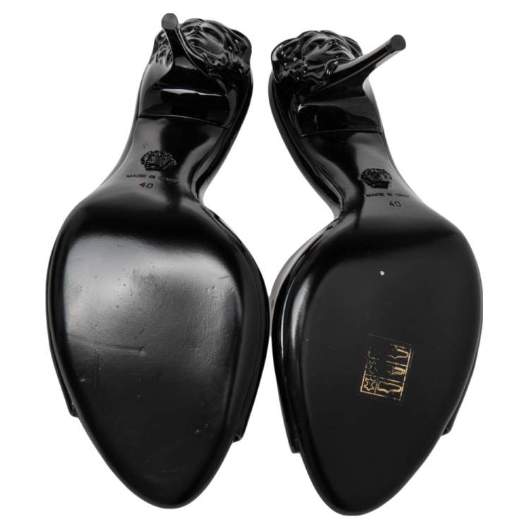 Pre Owned Versace Black Patent Leather Medusa Heel Slide Sandals Size 40 