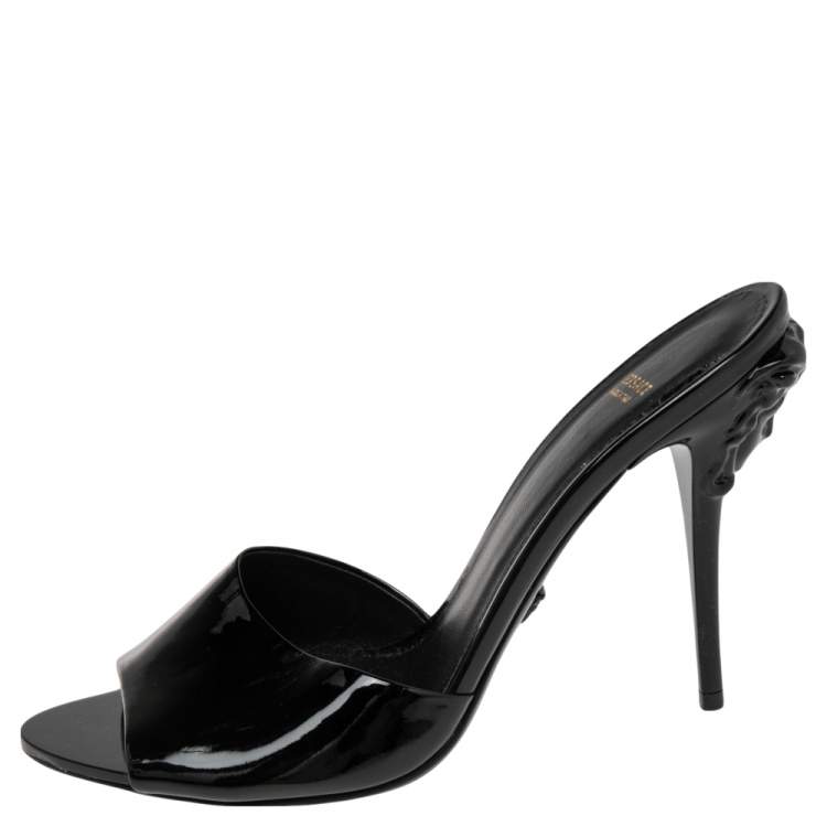 Pre Owned Versace Black Patent Leather Medusa Heel Slide Sandals Size 40 
