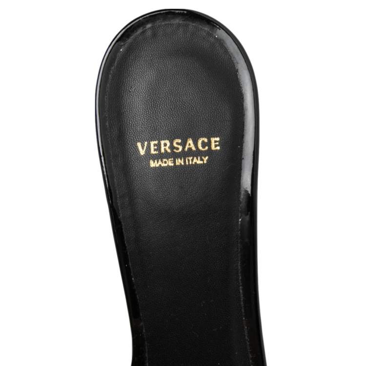 Pre Owned Versace Black Patent Leather Medusa Heel Slide Sandals Size 40 