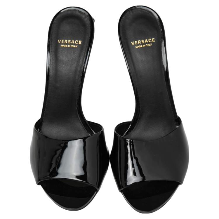 Pre Owned Versace Black Patent Leather Medusa Heel Slide Sandals Size 40 