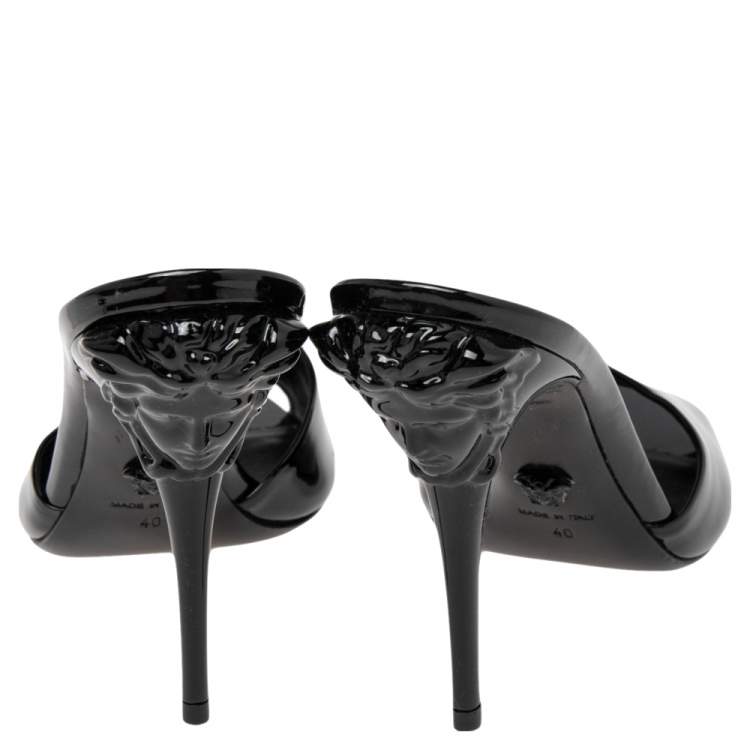 Pre Owned Versace Black Patent Leather Medusa Heel Slide Sandals Size 40 