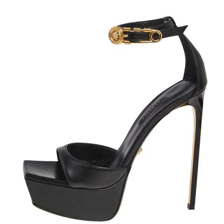 Pre Owned Versace Black Leather Pin Buckle Detail Ankle Strap Platform Sandals Size 38