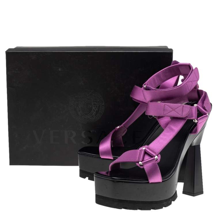 Pre Owned Versace Purple Satin Band Velcro Strap Platform Sandals Size 40