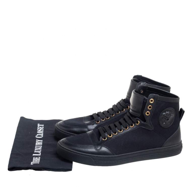 Pre Owned Versace Black Leather and Canvas High Top Sneakers Size 44
