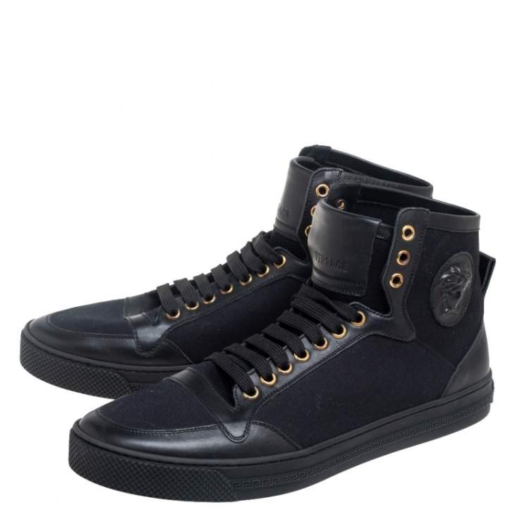 Pre Owned Versace Black Leather and Canvas High Top Sneakers Size 44
