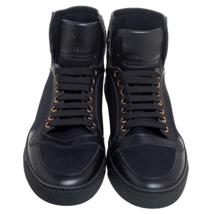 Pre Owned Versace Black Leather and Canvas High Top Sneakers Size 44