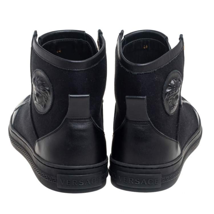 Pre Owned Versace Black Leather and Canvas High Top Sneakers Size 44