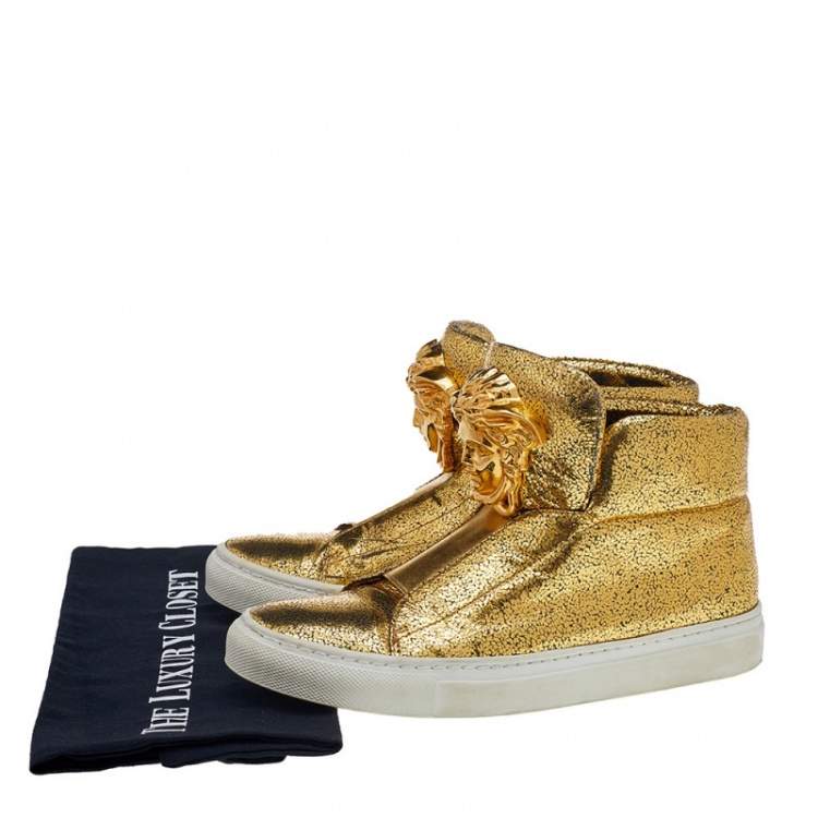 Pre Owned Versace Metallic Gold Crackle Leather Medusa High Top Sneakers Size 35.5