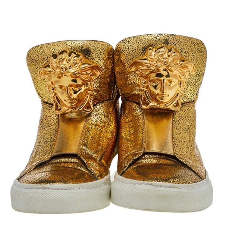 Pre Owned Versace Metallic Gold Crackle Leather Medusa High Top Sneakers Size 35.5