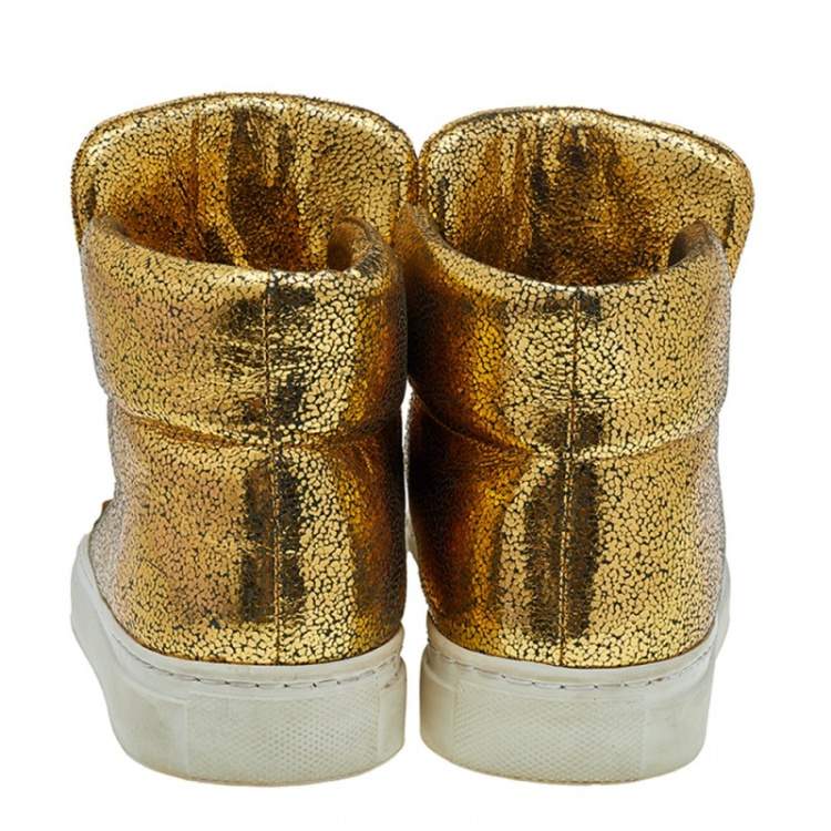Pre Owned Versace Metallic Gold Crackle Leather Medusa High Top Sneakers Size 35.5