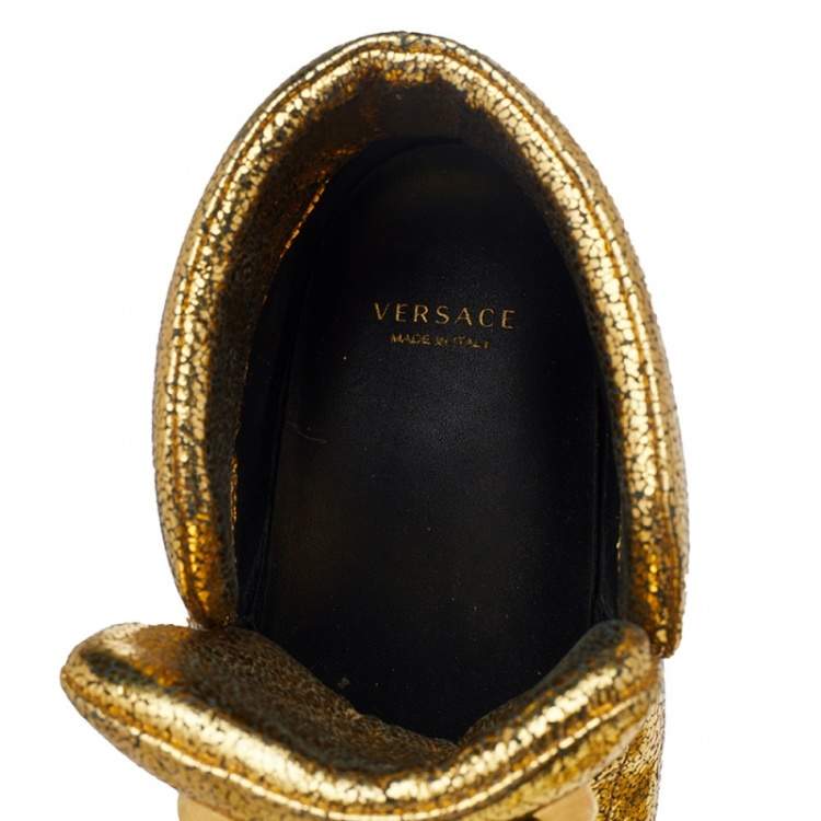 Pre Owned Versace Metallic Gold Crackle Leather Medusa High Top Sneakers Size 35.5
