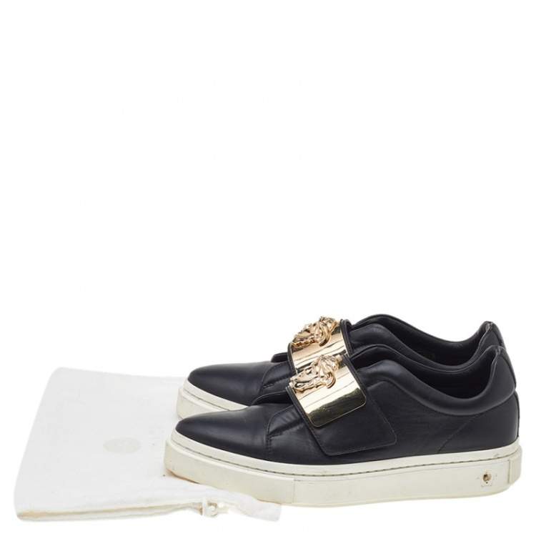 Pre Owned Versace Black Leather Medusa Embellished Velcro Strap Low Top Sneakers Size 37