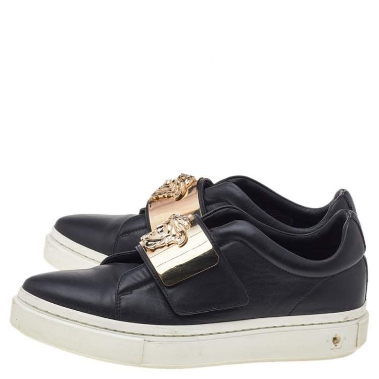 Pre Owned Versace Black Leather Medusa Embellished Velcro Strap Low Top Sneakers Size 37