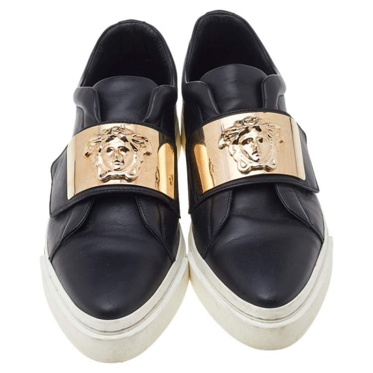 Pre Owned Versace Black Leather Medusa Embellished Velcro Strap Low Top Sneakers Size 37