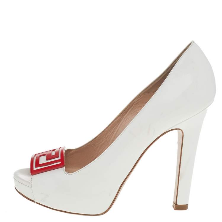 Pre Owned Versace White Patent Leather Embellished Peep Toe Pumps Size 37