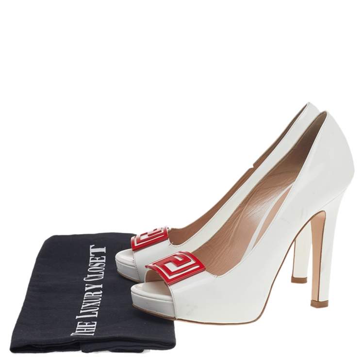 Pre Owned Versace White Patent Leather Embellished Peep Toe Pumps Size 37