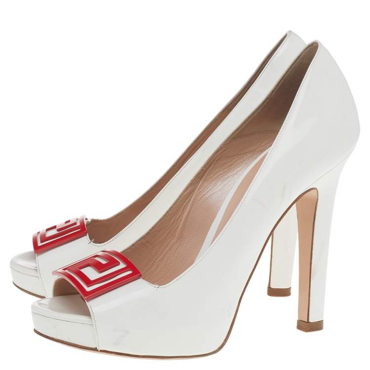 Pre Owned Versace White Patent Leather Embellished Peep Toe Pumps Size 37