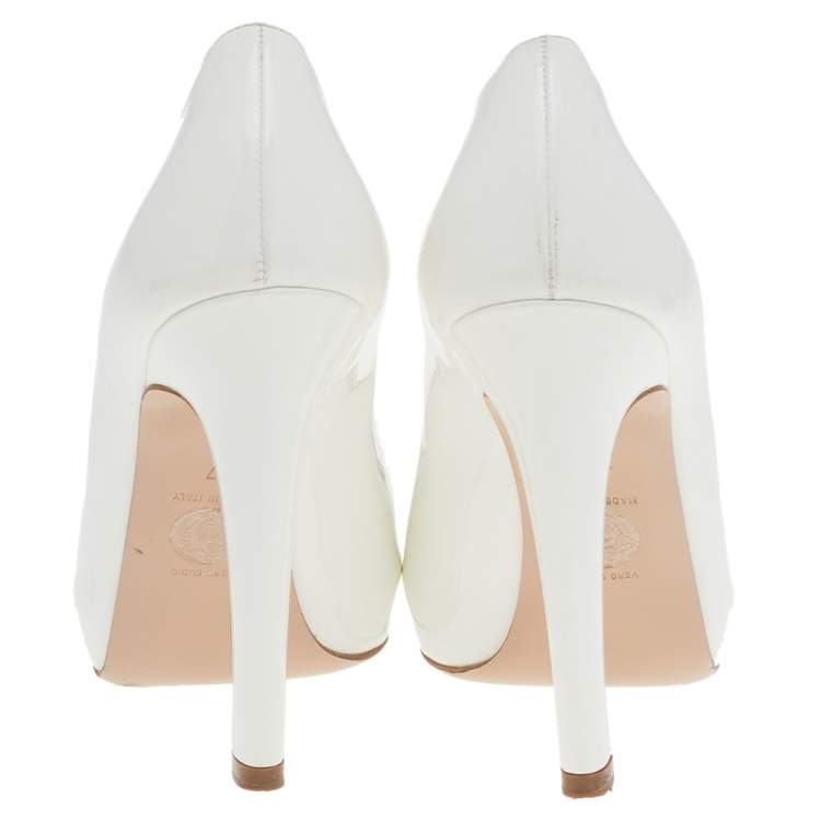 Pre Owned Versace White Patent Leather Embellished Peep Toe Pumps Size 37