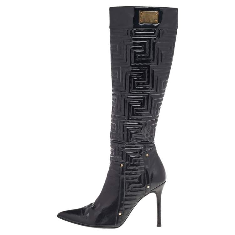 Pre Owned Versace Black Patent Quilted Leather Pointed Toe Knee Length Boots Size 39